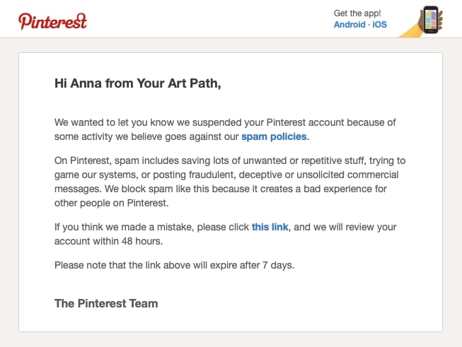 Pinterest Account Suspended - how to reactivate it